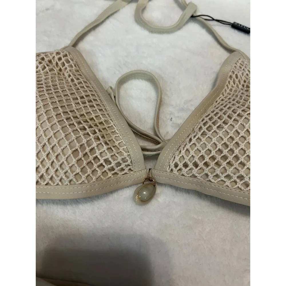 Zaful Beige‎ Crochet Bikini Set US 4 Halter Tie Swimsuit Beach Vacation